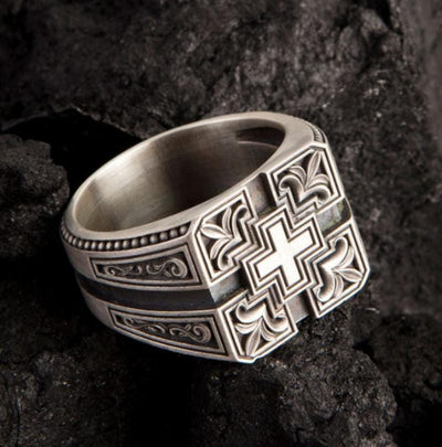 Carved Christian Men's Cross Ring