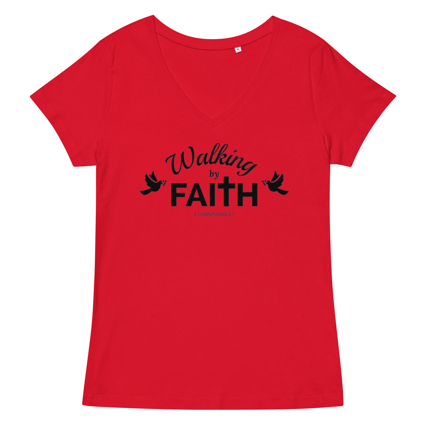 F&H Christian Walking By Faith Women’s Fitted V-neck T-shirt - Faith and Happiness Store