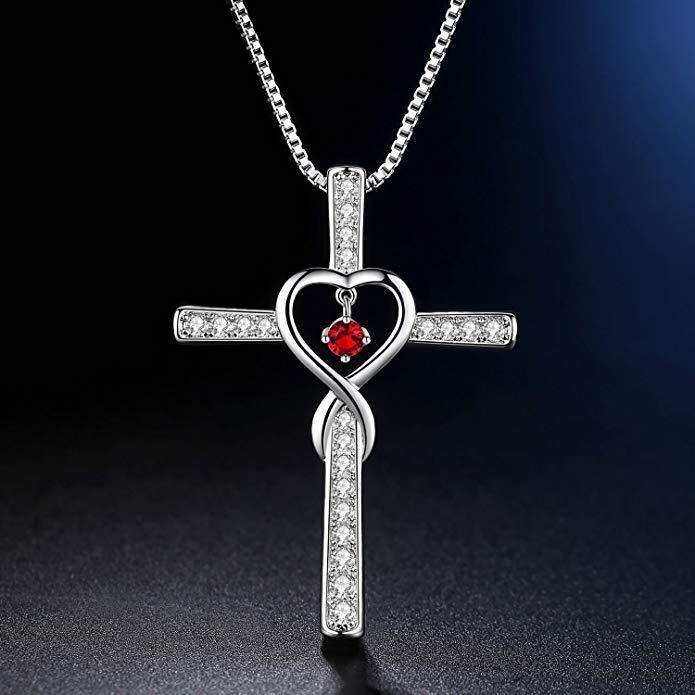 Cross Birthstone Crystal Pendant Heart Necklace Women Jewelry