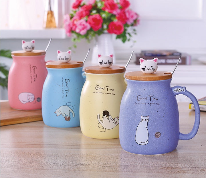 Cartoon Ceramics Cat Mug With Lid and Spoon