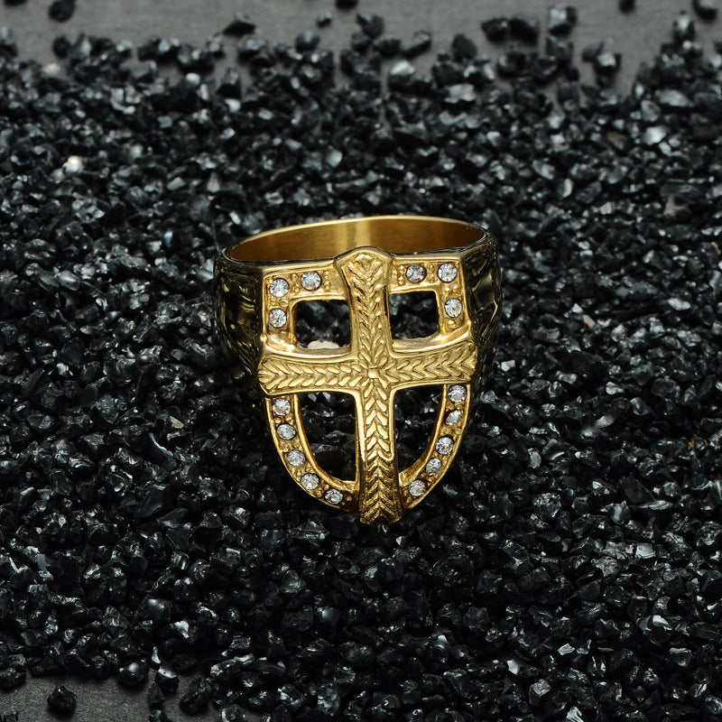 Shield cross ring symbol ring