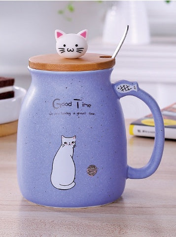 Cartoon Ceramics Cat Mug With Lid and Spoon