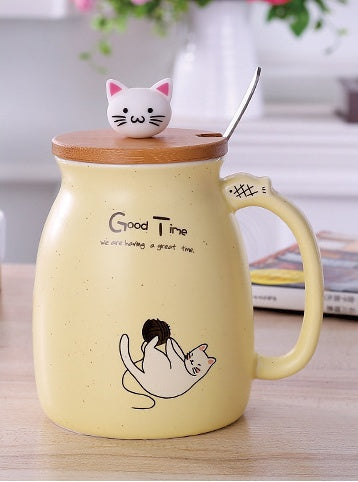 Cartoon Ceramics Cat Mug With Lid and Spoon