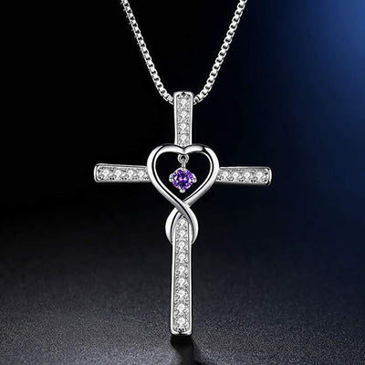 Cross Birthstone Crystal Pendant Heart Necklace Women Jewelry