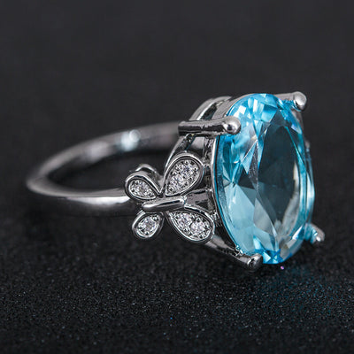 Oversized Sea Blue Zircon Ladies Ring Simple Bow Ring Ring