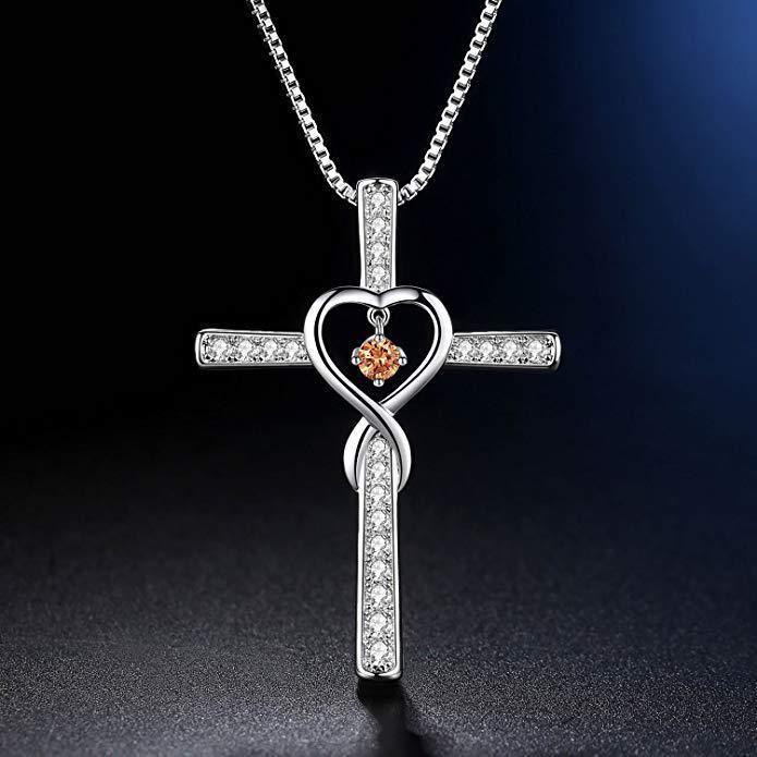 Cross Birthstone Crystal Pendant Heart Necklace Women Jewelry