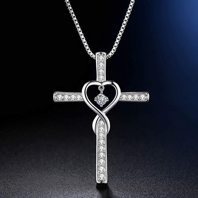 Cross Birthstone Crystal Pendant Heart Necklace Women Jewelry