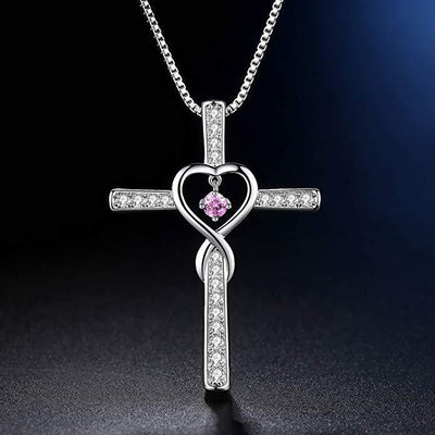 Cross Birthstone Crystal Pendant Heart Necklace Women Jewelry