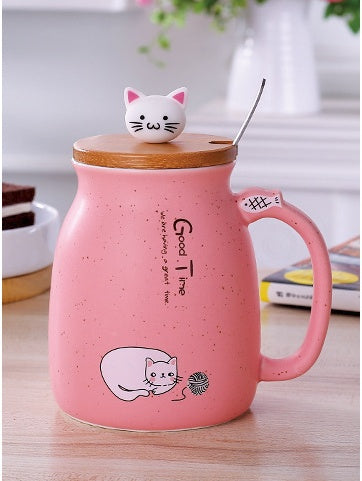 Cartoon Ceramics Cat Mug With Lid and Spoon