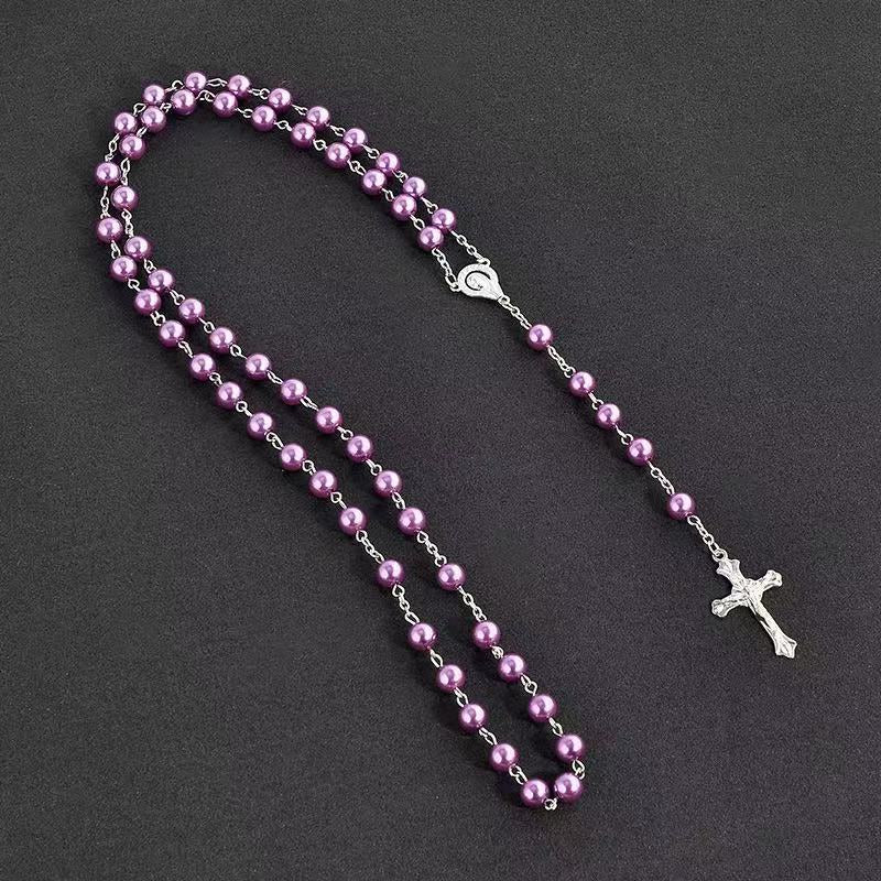 Pearl Cross Rosary Christian Catholic Necklace