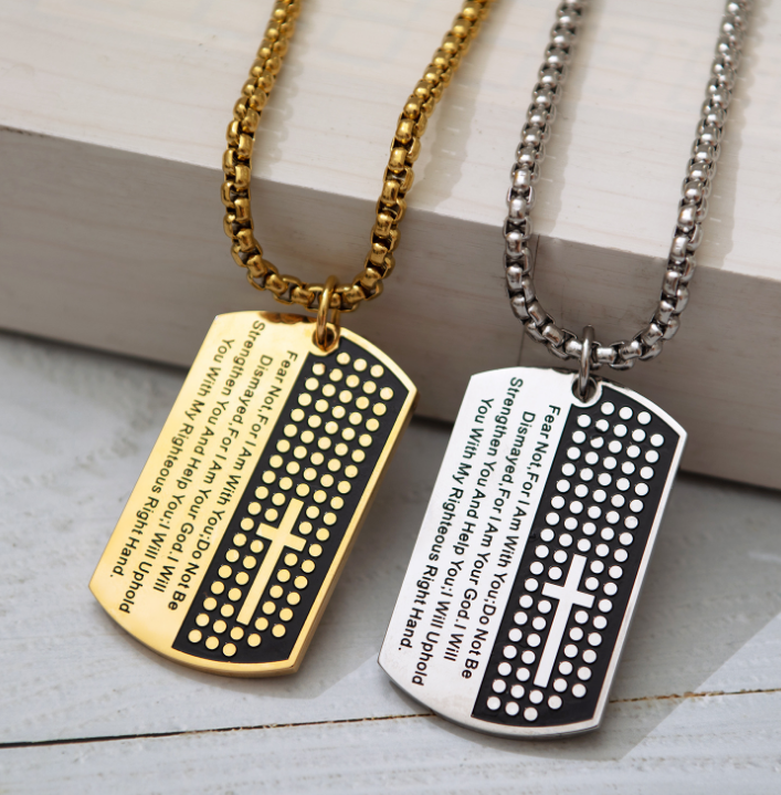 Dog Tag Cross Necklaces & Pendant Gold Color Stainless Steel Chain Bible Verse Christian Jewelry Christmas Gift For Men