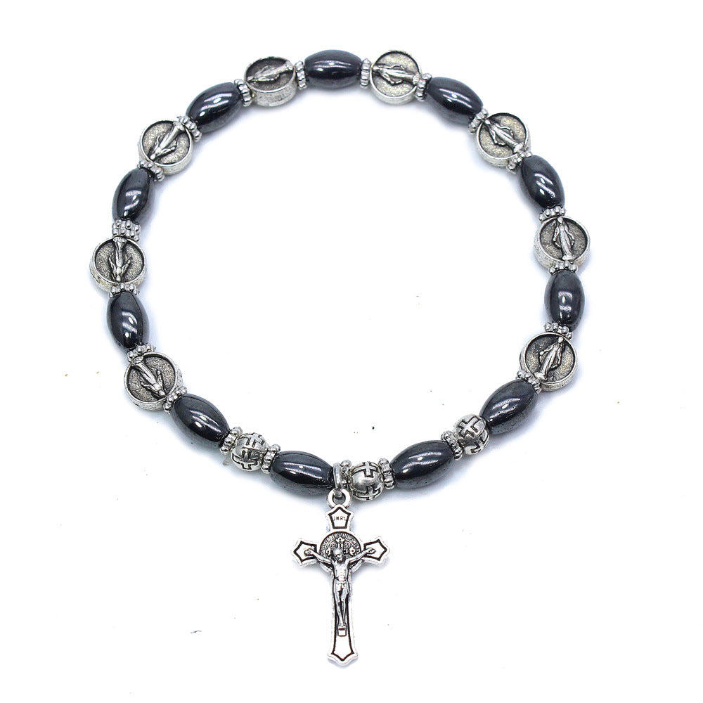 Christian Icon Black Beads Cross t Bracelet Jewelry Beaded Rosary