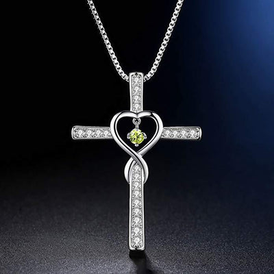 Cross Birthstone Crystal Pendant Heart Necklace Women Jewelry