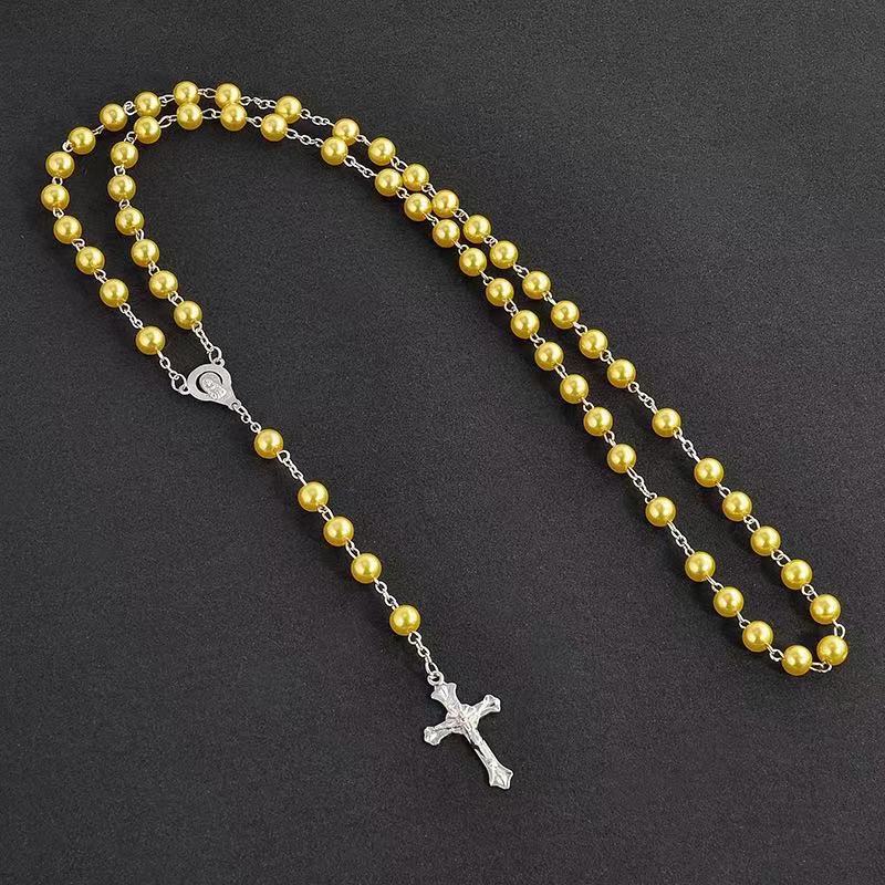 Pearl Cross Rosary Christian Catholic Necklace
