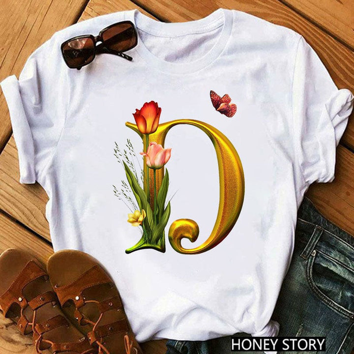New 26 Gold Letter Flowers T-shirt