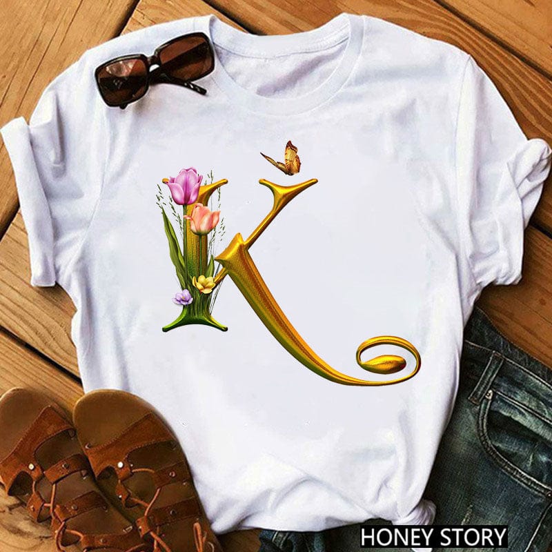 New 26 Gold Letter Flowers T-shirt