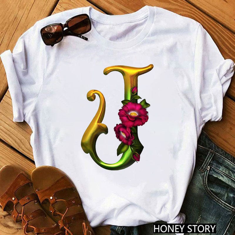 New 26 Gold Letter Flowers T-shirt