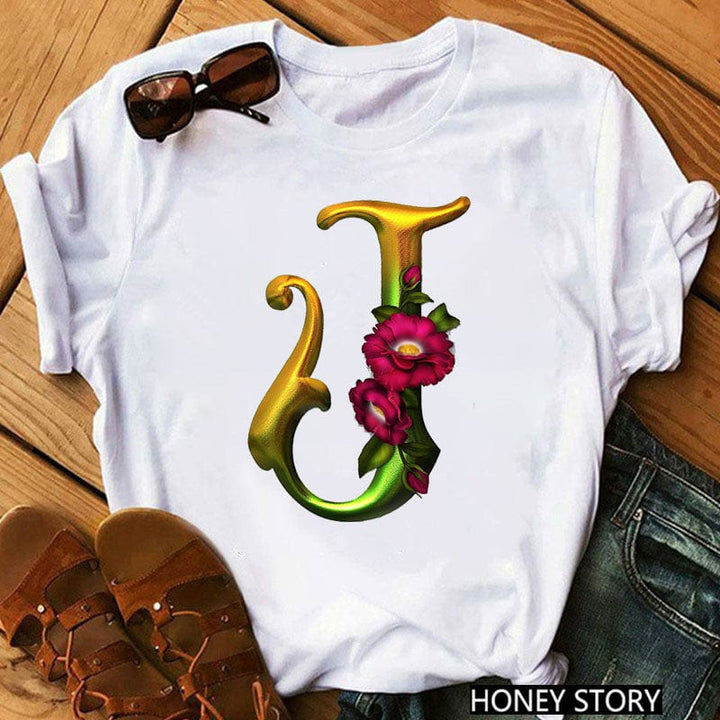 New 26 Gold Letter Flowers T-shirt