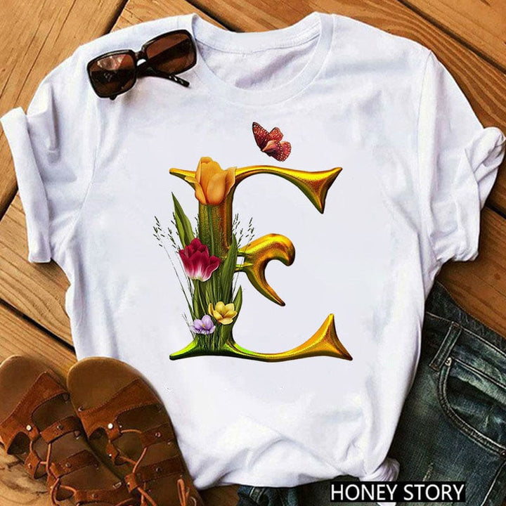 New 26 Gold Letter Flowers T-shirt