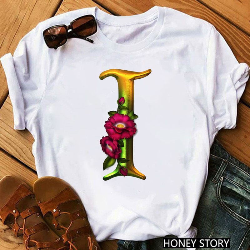 New 26 Gold Letter Flowers T-shirt