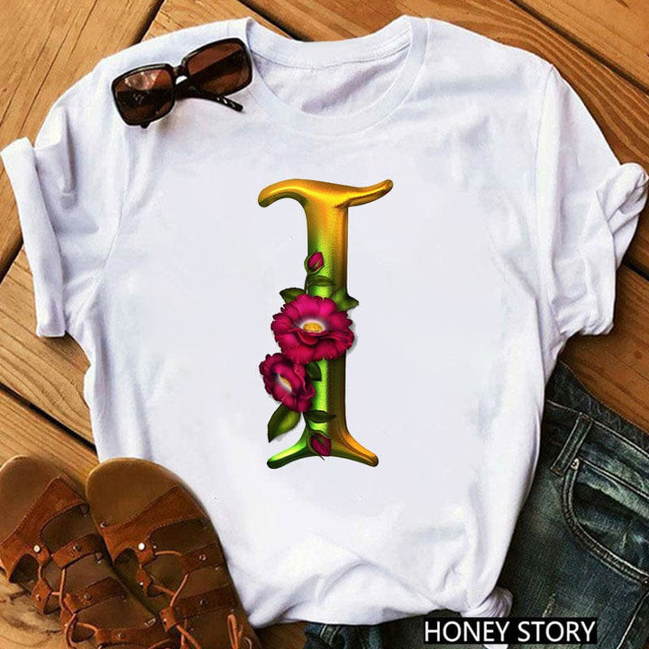 New 26 Gold Letter Flowers T-shirt