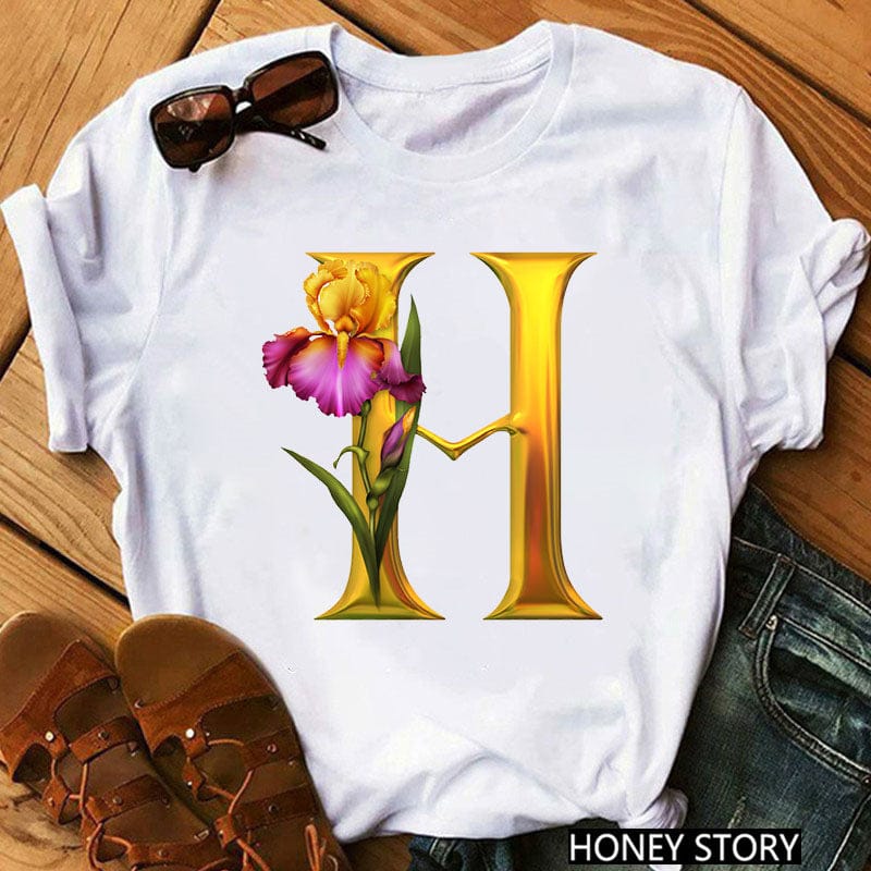 New 26 Gold Letter Flowers T-shirt