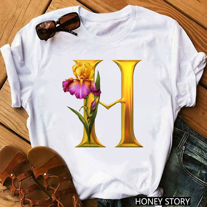 New 26 Gold Letter Flowers T-shirt