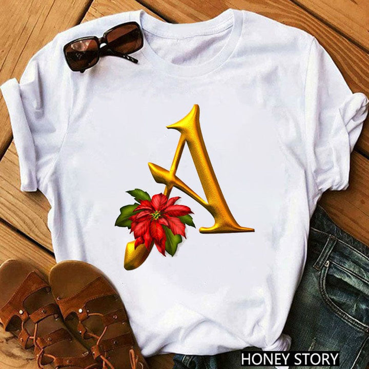 New 26 Gold Letter Flowers T-shirt