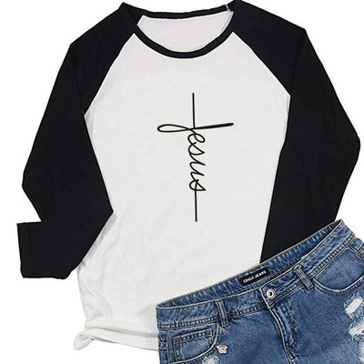 Jesus Vertical Cross Raglan T-shirt Women