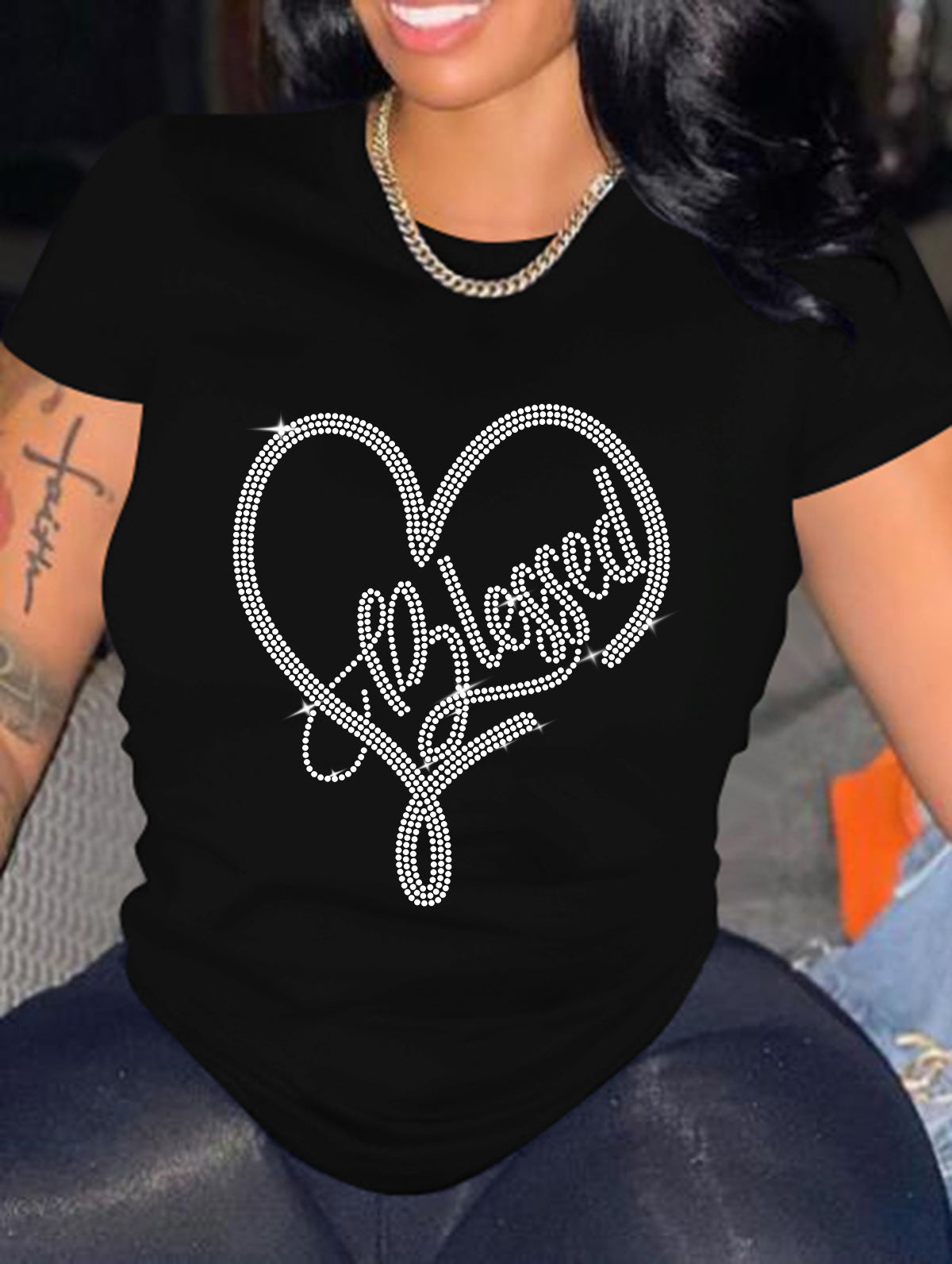 Blessed in the Heart Rhinestone Round Neck T-Shirt