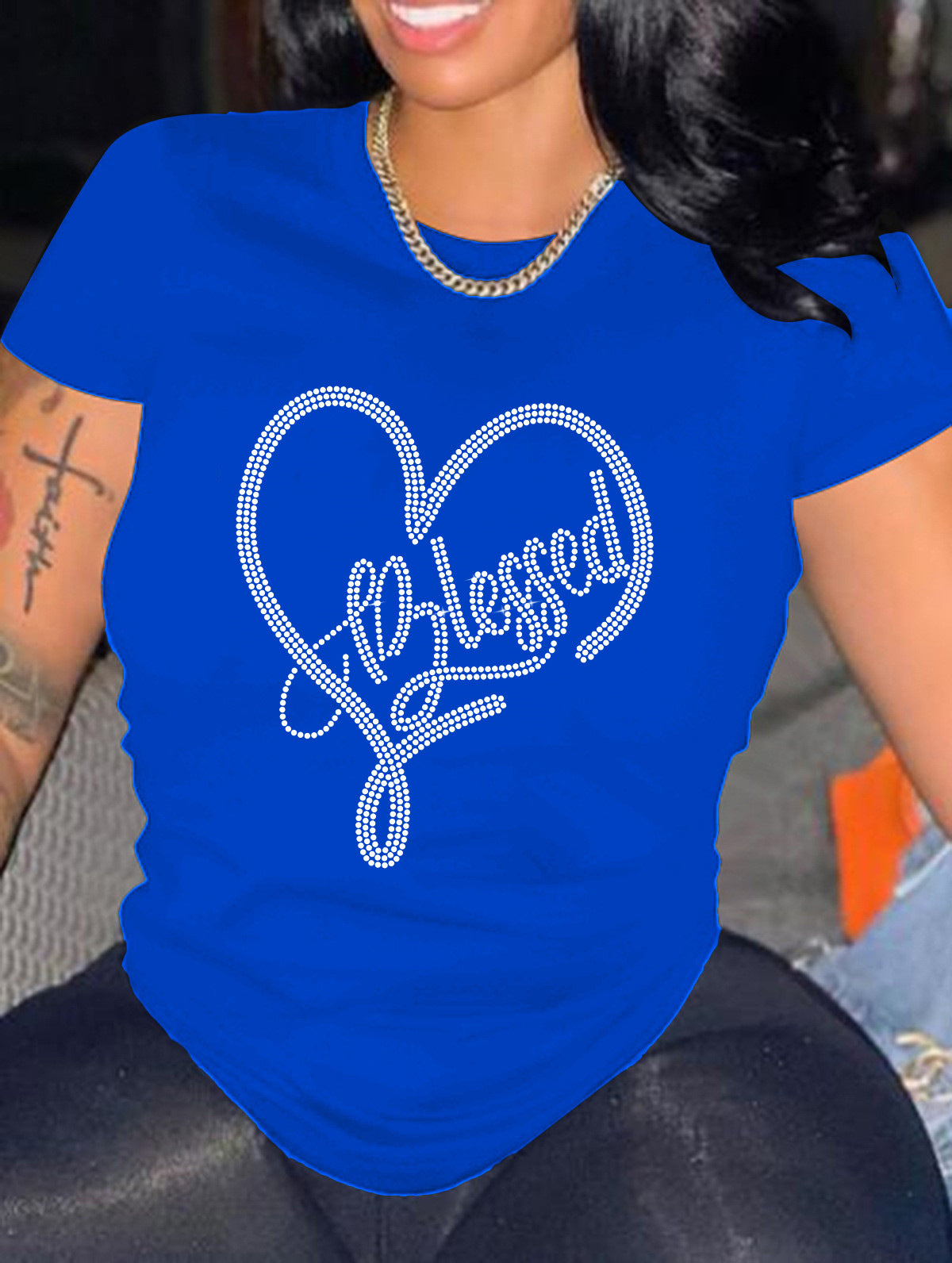 Blessed in the Heart Rhinestone Round Neck T-Shirt