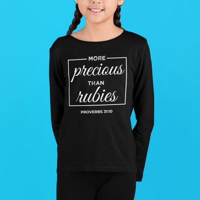 F&H Christian More Precious than RubiesYouth long sleeve tee - Faith and Happiness Store