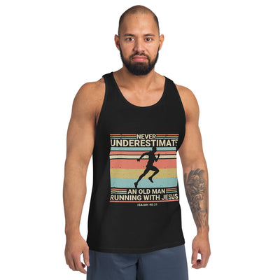 F&H Never Underestimate and Old Man Running With Jesus Mens Tank Top - Faith and Happiness Store