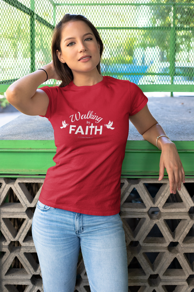F and H Christian Walking By Faith Womens T Shirt