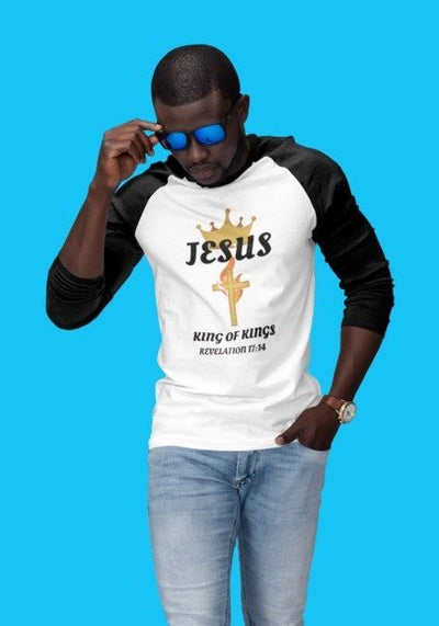F&H Christian Jesus King of Kings 3/4 sleeve men's raglan shirt - Faith and Happiness Store