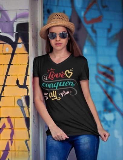 F&H Christian Love Conquers All Women’s fitted v-neck t-shirt
