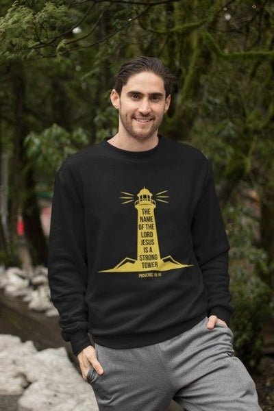 F&H Christian The Name of Jesus is a Strong Tower Men's Sweatshirt - Faith and Happiness Store