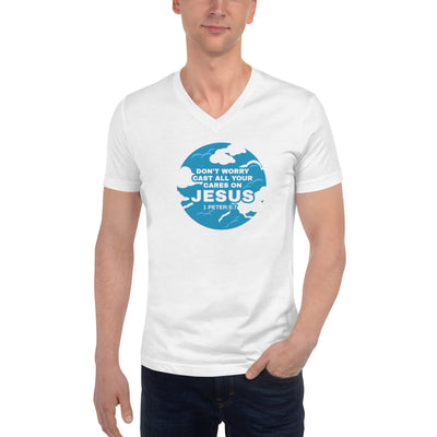 F&H CHristian Cast All Your Cares on Jesus Short Sleeve Mens V-Neck T-Shirt