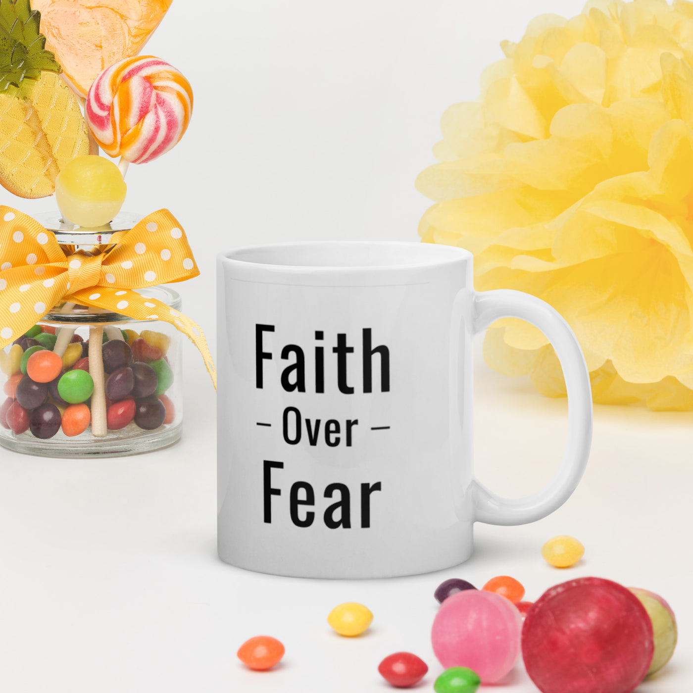 F&H Faith Over Fear White glossy mug - Faith and Happiness Store