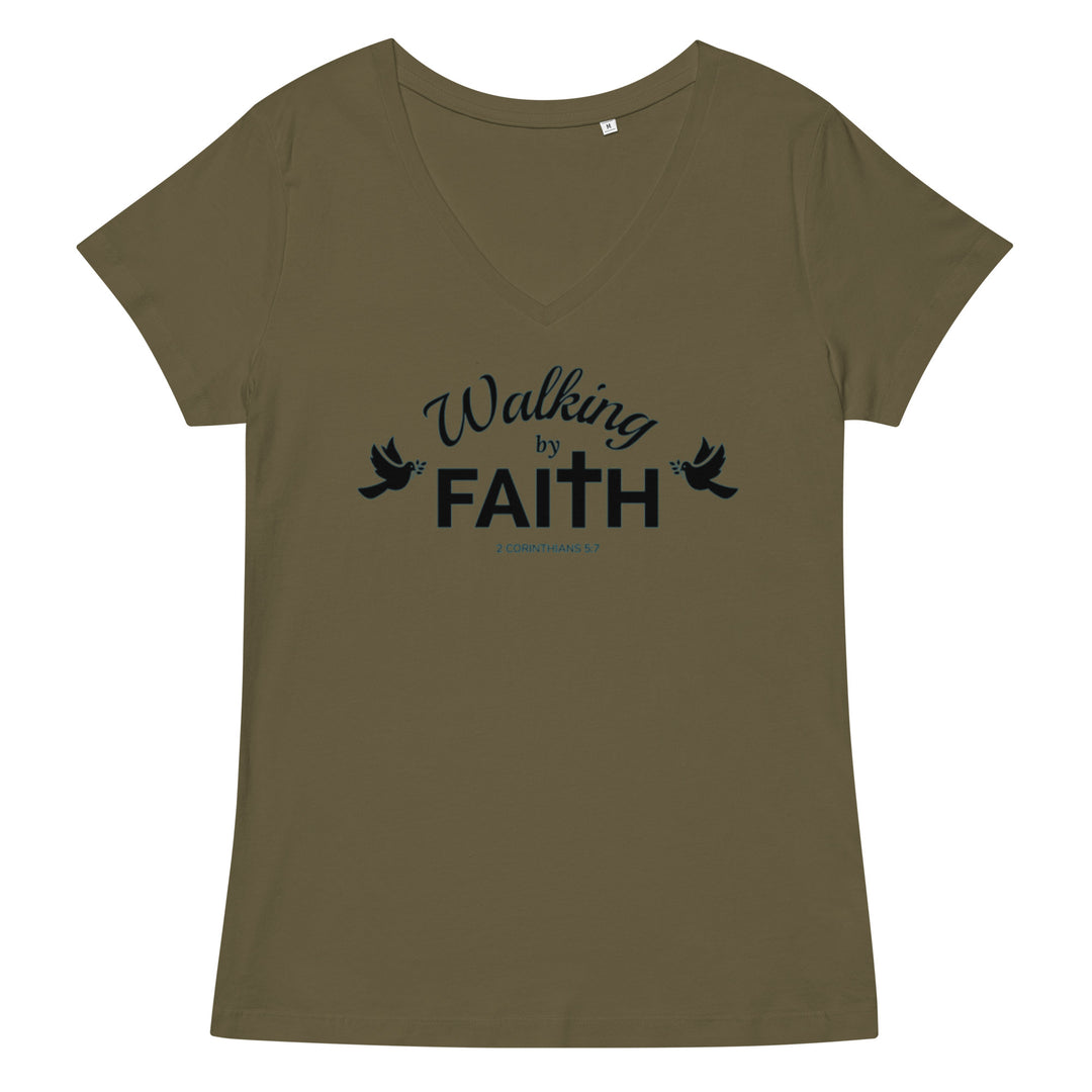 F&H Christian Walking By Faith Women’s Fitted V-neck T-shirt - Faith and Happiness Store