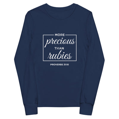 F&H Christian More Precious than RubiesYouth long sleeve tee - Faith and Happiness Store